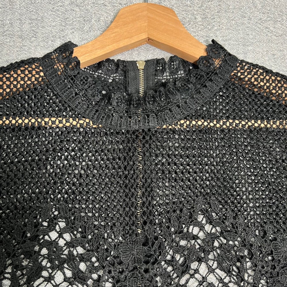 Crochet Grunge Lace Top Black Floral Sheer Bell Sleeve M Dark Fairy Whimsigoth - Picture 7 of 13